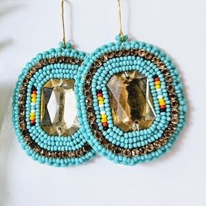 2/$27 | Turquoise Sparkle Shield Beaded Indigenous Hoop Earrings | Handmade